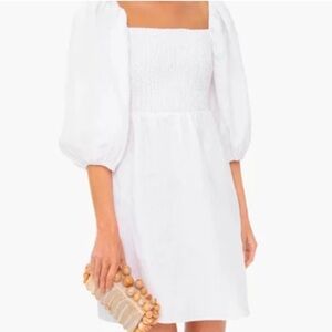 Tuckernut Annie Smocked 100% Linen Elegant White Puff Sleeve Dress